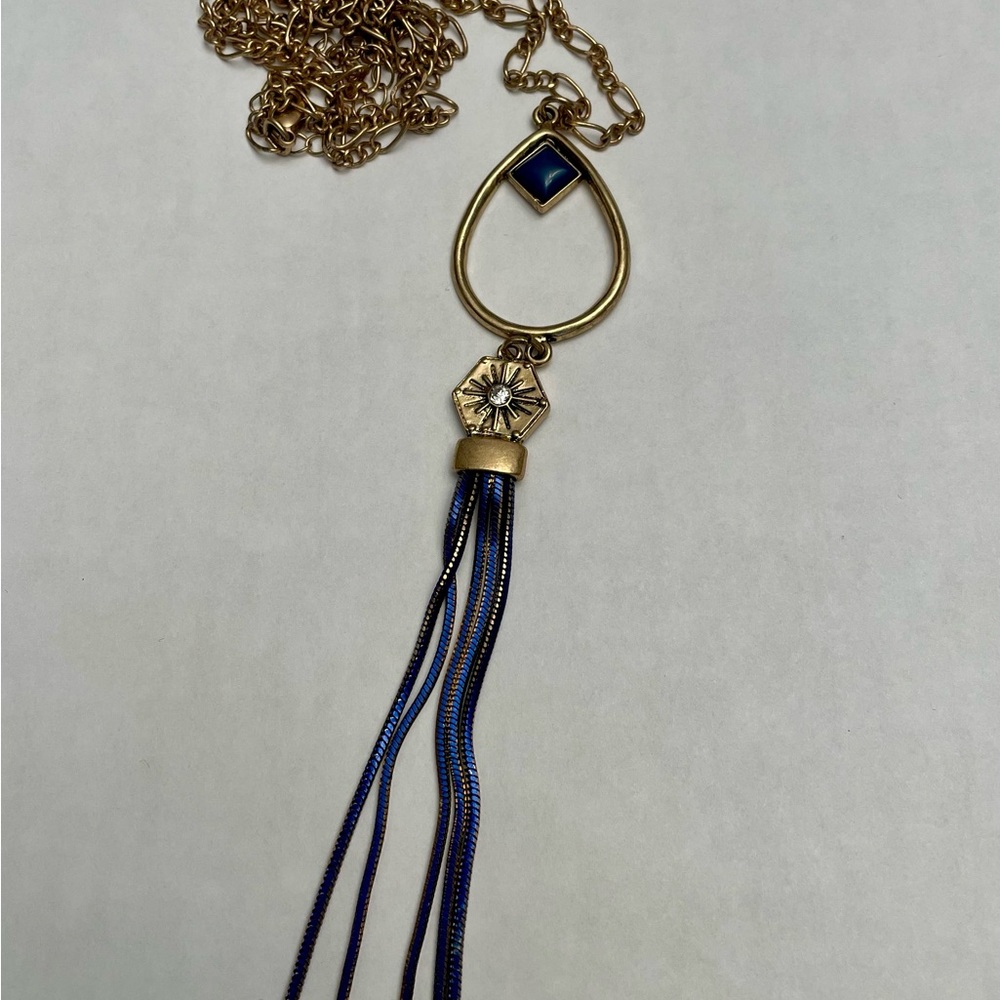 Gold Metal and Blue Stone Long Necklace - Picture 3 of 11